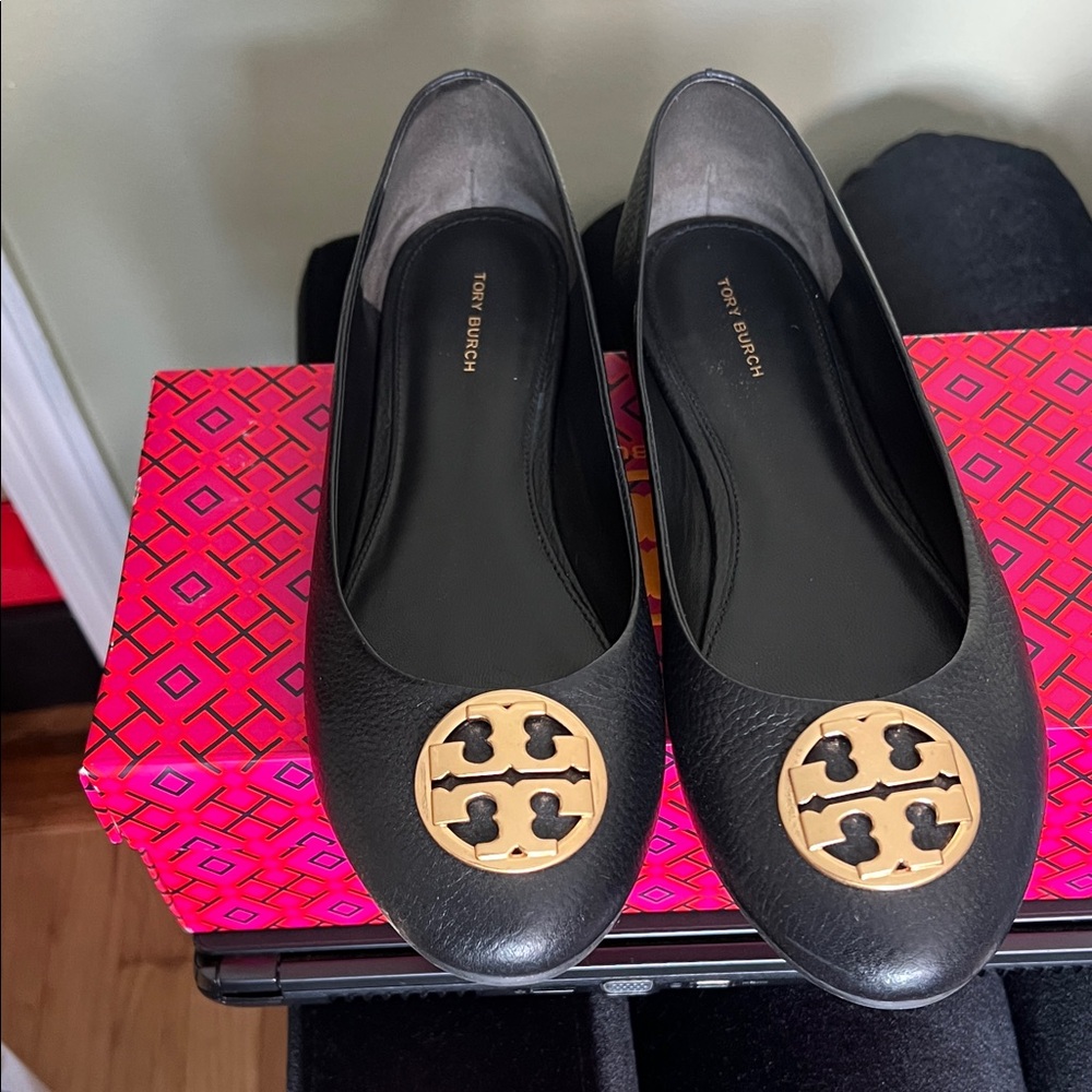 Tory Burch Black Flats with Gold Emblem